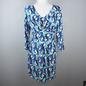 Boden Blue and Aqua‎ Ruched V-Neck Midi Slip Summer Dress Size 10
